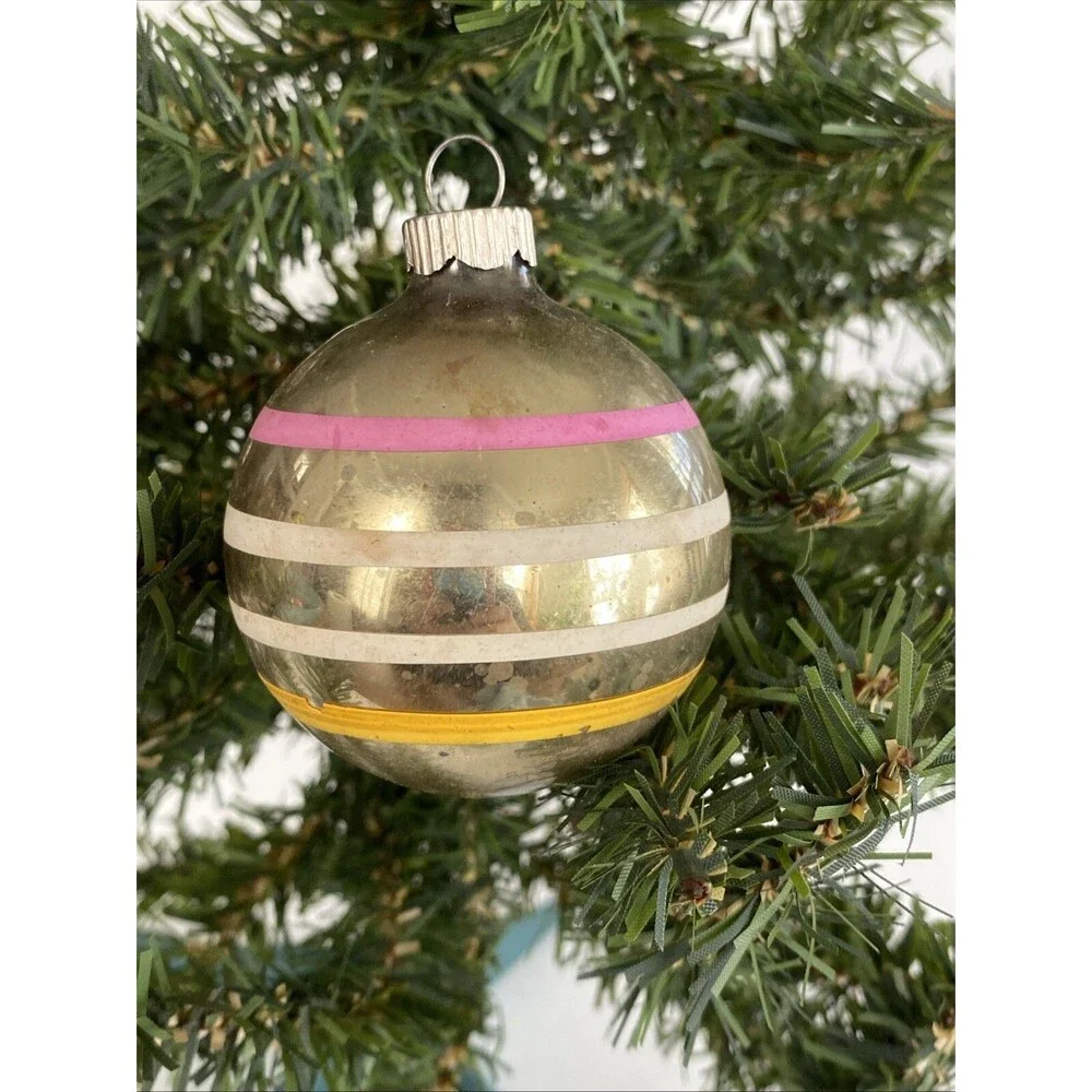 Vintage Christmas Glass Ball Ornament Striped Shiny Brite & Made USA Lot of 2